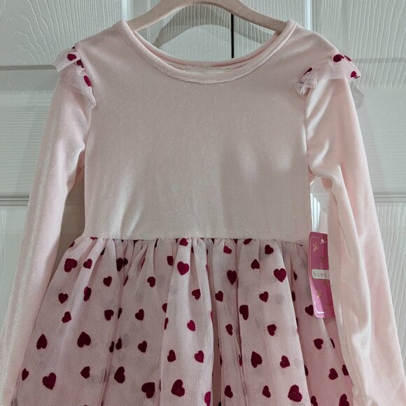 btween Girl's Velour and Tulle Pink Dress Size 4, Red Hearts, Long Sleeve, NWT - Picture 3 of 12